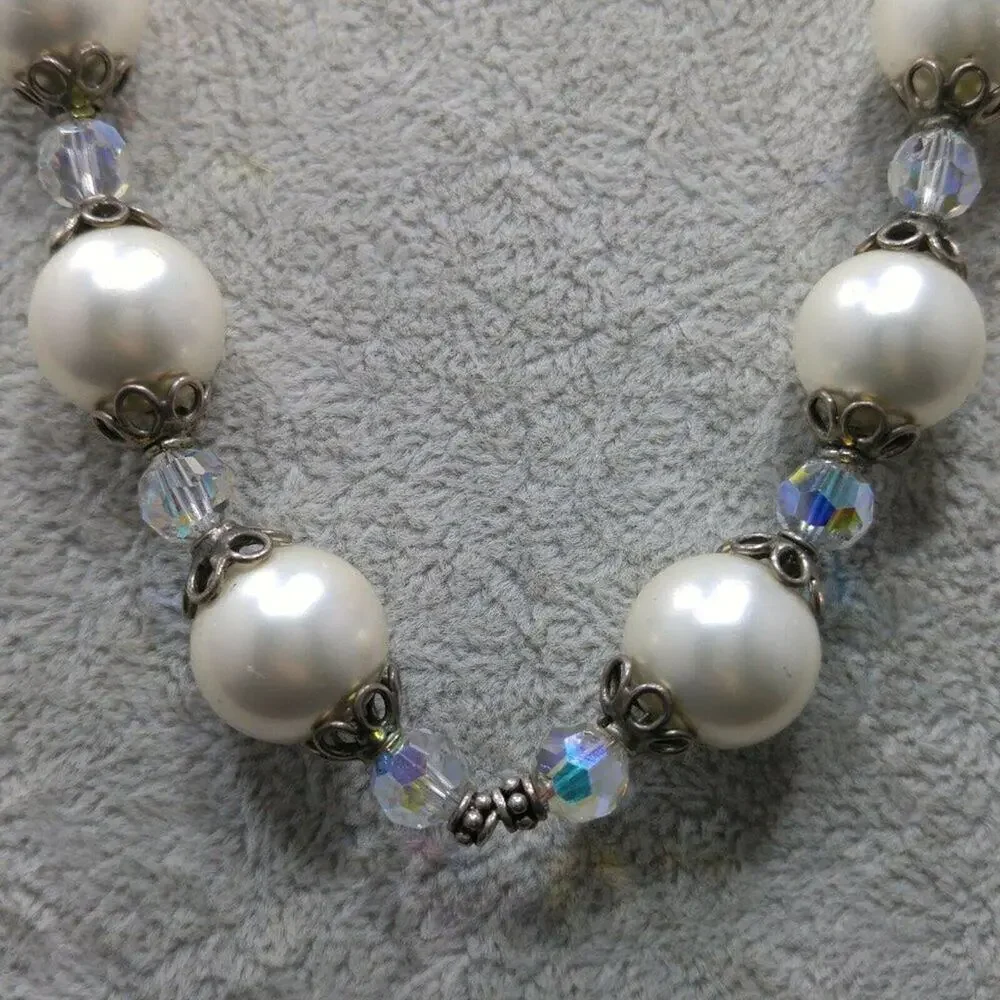 Vintage Glass Pearls Crystal Beaded Necklace, Silver Clasp, Strung on Wire, 17